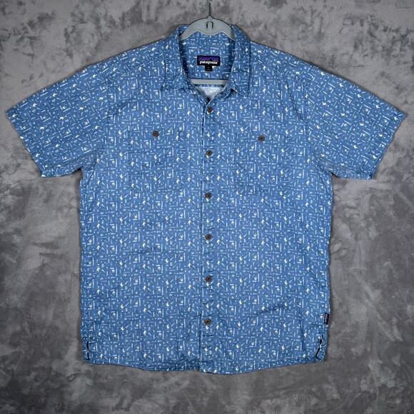 Patagonia Short Sleeve Button Down Shirt Blue Pattern Men’s Large - Picture 1 of 7